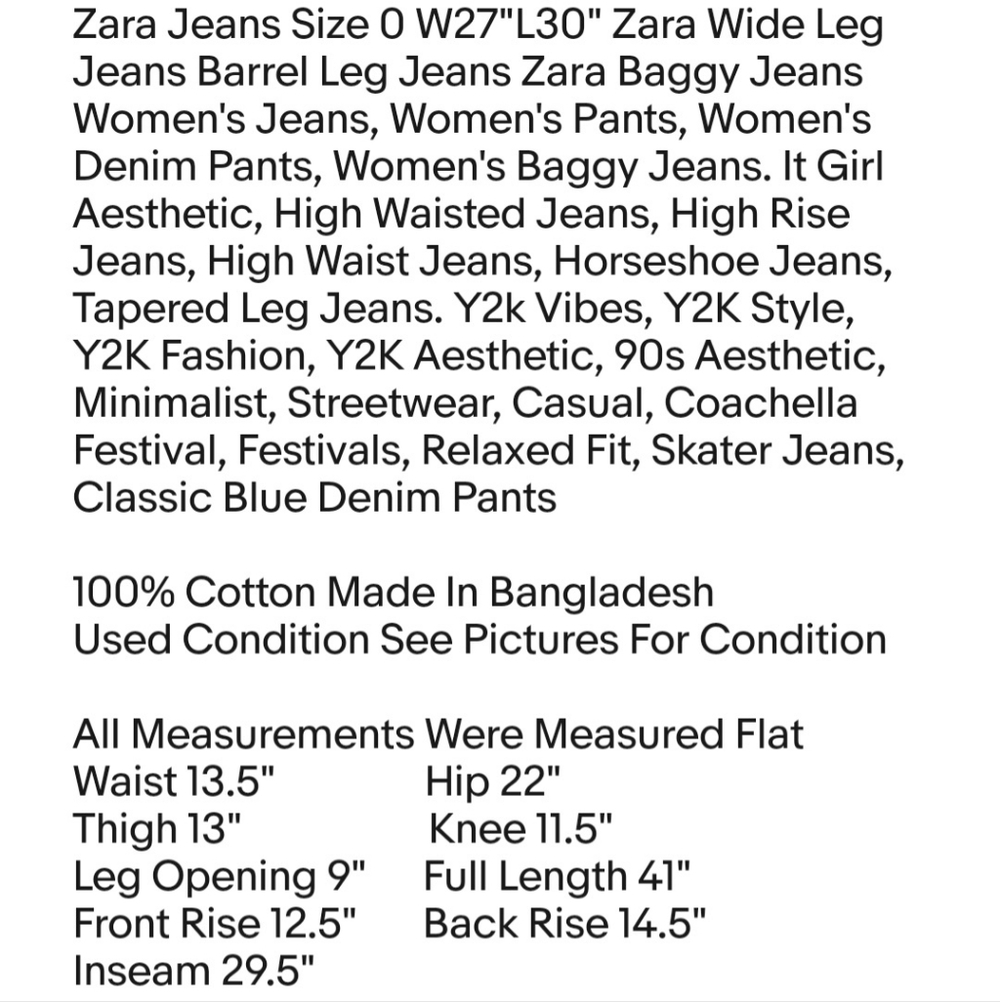 Zara Jeans Size 0 W27"L30" Zara Wide Leg Jeans Barrel Leg Jeans Zara Baggy Jeans - Picture 2 of 8